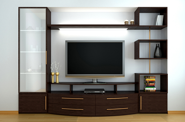 TV showcase made by PVC interiors and the cour is dark brown finish