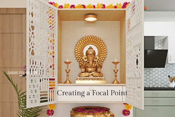 Elegant Bengaluru home featuring a beautifully crafted PVC pooja niche by Maran PVCInterior Design, adorned with a golden Ganesha statue and decorative floral garlands, creating a serene focal point in a modern space