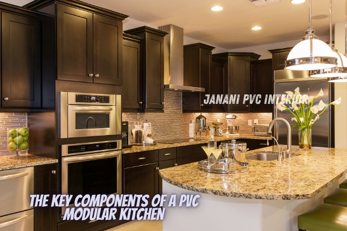 Spacious and modern PVC modular kitchen designed by Maran PVCInterior in Bengaluru, featuring dark cabinetry, granite countertops, and stylish appliances, highlighting the key components of durability and design excellence