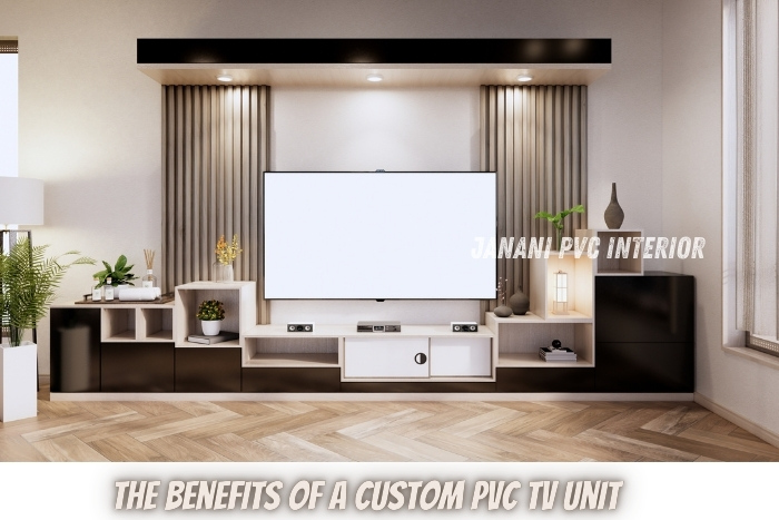 Spacious and elegantly designed custom PVC TV unit by Maran PVCInterior in Bengaluru, featuring integrated storage and ambient lighting, illustrating the benefits of tailored furniture solutions for stylish and functional living spaces
