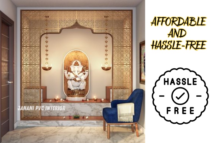 Stylish and affordable PVC pooja room designed by Maran PVCInterior in Bengaluru, featuring a majestic Ganesha statue surrounded by intricate lattice work and elegant lighting, perfect for modern Indian homes seeking a hassle-free spiritual space