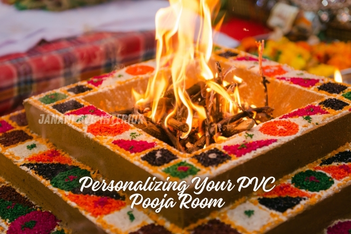 Vibrant fire ritual in a personalized PVC pooja room designed by Maran PVCInterior in Bengaluru, featuring colorful rangoli and traditional elements, reflecting the custom and spiritual ambiance tailored by expert interior solutions