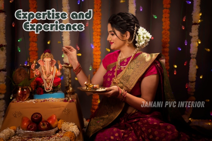 Traditional Indian woman performing a puja ceremony in a beautifully decorated space designed by Maran PVCInterior in Bengaluru, illustrating the expertise and cultural richness of the brand in creating authentic Indian interiors
